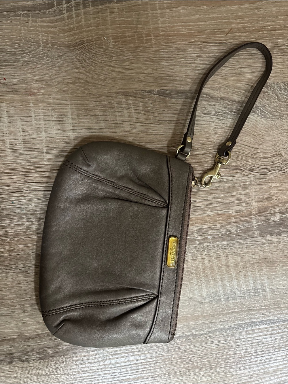 Coach Pewter Metallic Leather Wristlet Clutch with Gold Hardware